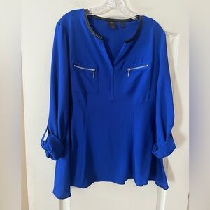 Rafaella Elegant Royal Blue Women's Blouse Roll Up Sleeves Size Large